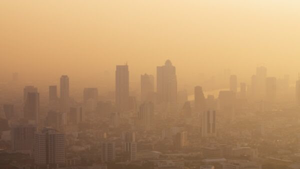 A city covered in an orange haze