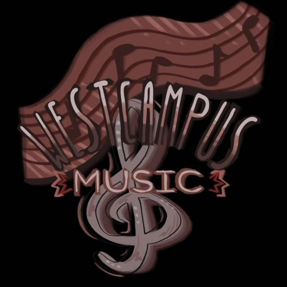 2024-2025 t-shirt front design with music notes and treble clef behind text that says "West Campus Music"