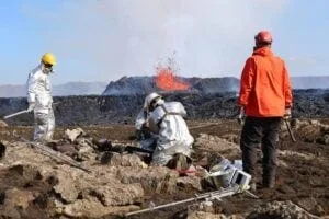 Volcanologists and geochemists getting ready to sample lava during the July 2023 Fagradalsfjall eruption on the Reykjanes Peninsula of Iceland. Photo Courtesy: Valentin Troll