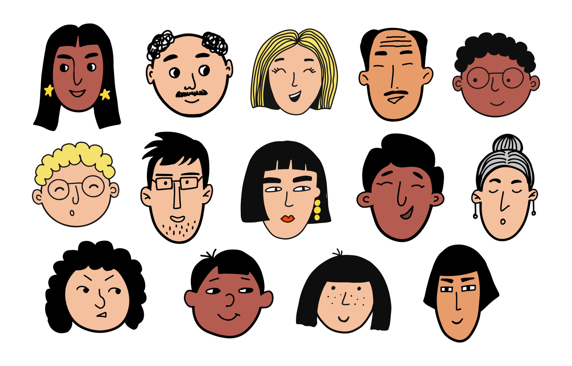 conjunto de doodle de rostos de pessoas. desenho de avatares ...