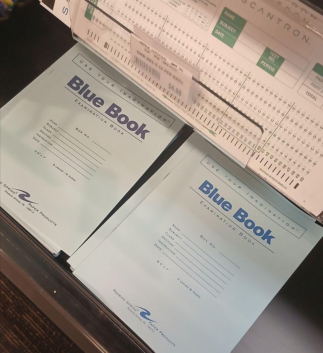 Photo of college Blue Boooks on sale.