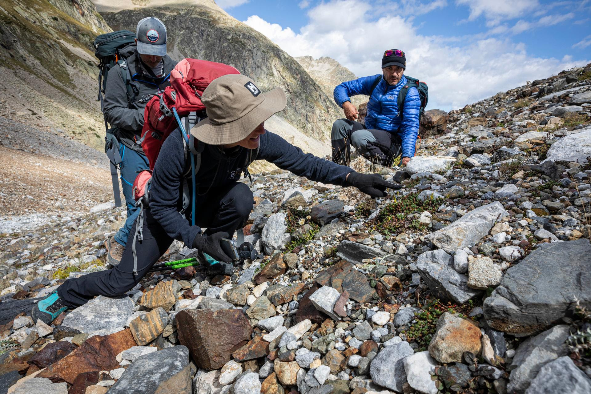 Ludovic Olicard (à gauche) et Nadine Sauter (au centre), chargés de conservation au Conservatoire botanique national des Pyrénées et de Midi-Pyrénées, et Fabien Anthelme (à droite), écologue à l'Institut de recherche pour le développement, observent une fougère dans une plante « nurse » sur une moraine au pied du massif du Vignemale.