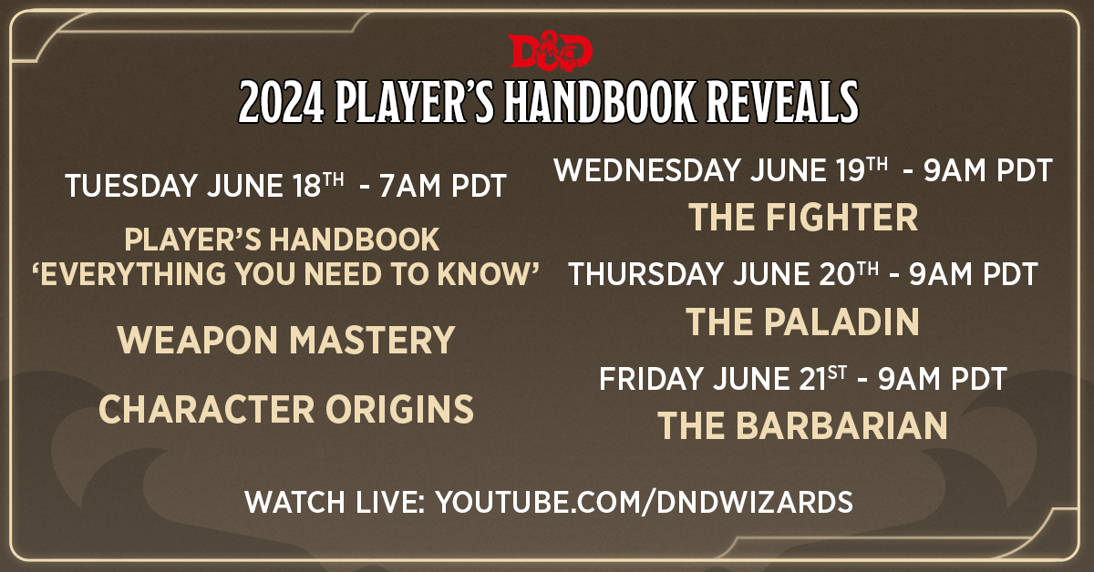 Text reads ''2024 Player's Handbook Reveals. Tuesday, June 18th at 7 am PDT, Player's Handbook Everything You Need to Know, Weapon Mastery, and Character Origins. Wednesday, June 19th at 9 am PDT The Fighter, Thursday, June 20th at 9 am PDT The Paladin, and Friday, June 21st at 9 am PDT The Barbarian. Watch live at youtube.com/dndwizards.com''