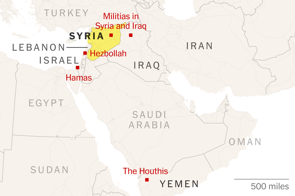 A map shows where Syria is in relation to the rest of the Middle East, including countries like Iran, Iraq, Israel, Lebanon and Yemen. The map also shows where in these countries groups like Hezbollah, Hamas and the Houthis mainly operate.