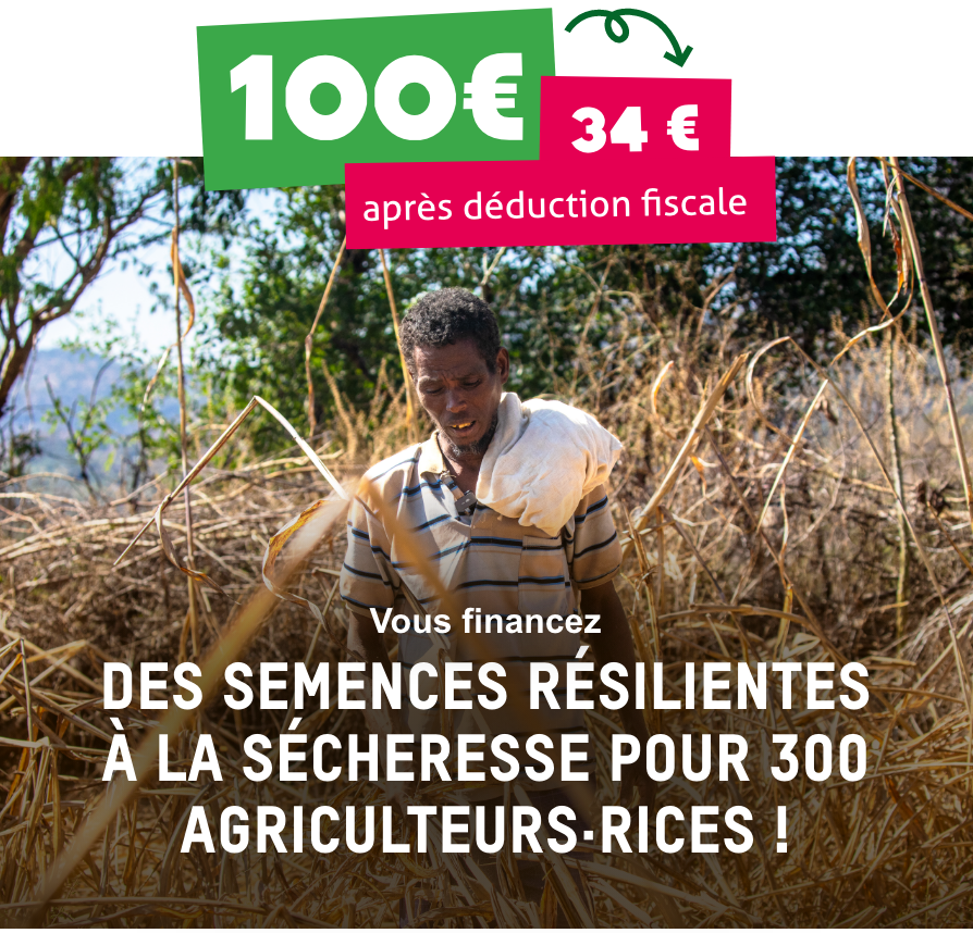 Avec 100€ (34€ après déduction fiscale) Vous financez des semences résilientes à la sécheresse pour 300 agriculteurs·rices !