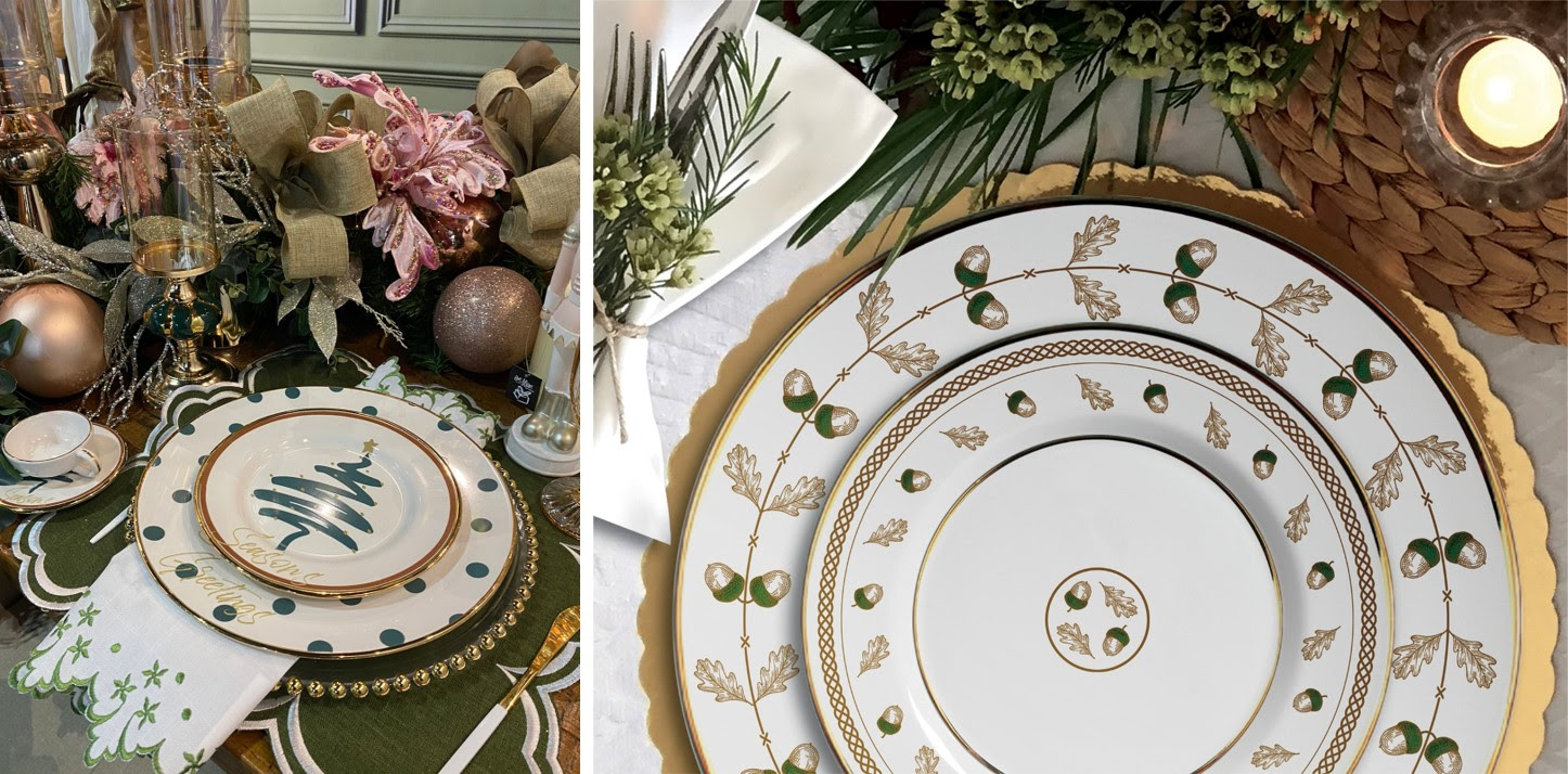 Linhas Seasons e Classic Nuts, da Alleanza Cerâmica, que destacam as cores verde e dourado, além de homenagearem símbolos clássicos do Natal como o pinheiro e as nozes / Divulgação