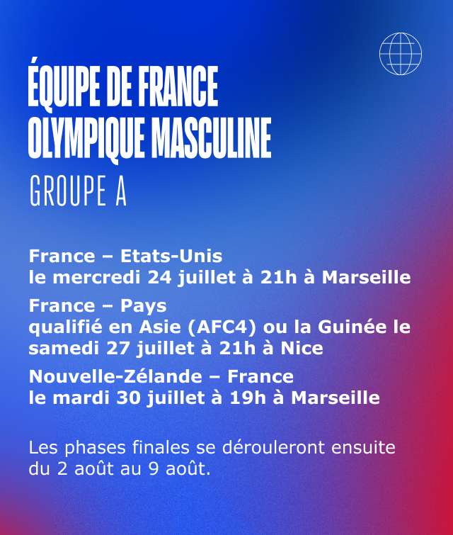 Equipe de France Olympique Masculine Groupe A France – Etats-Unis le mercredi 24 juillet à 21h à Marseille France – Pays qualifié en Asie (AFC4) ou la Guinée le samedi 27 juillet à 21h à Nice Nouvelle-Zélande – France le mardi 30 juillet à 19h à Marseille Les phases finales se dérouleront ensuite du 2 août au 9 août.