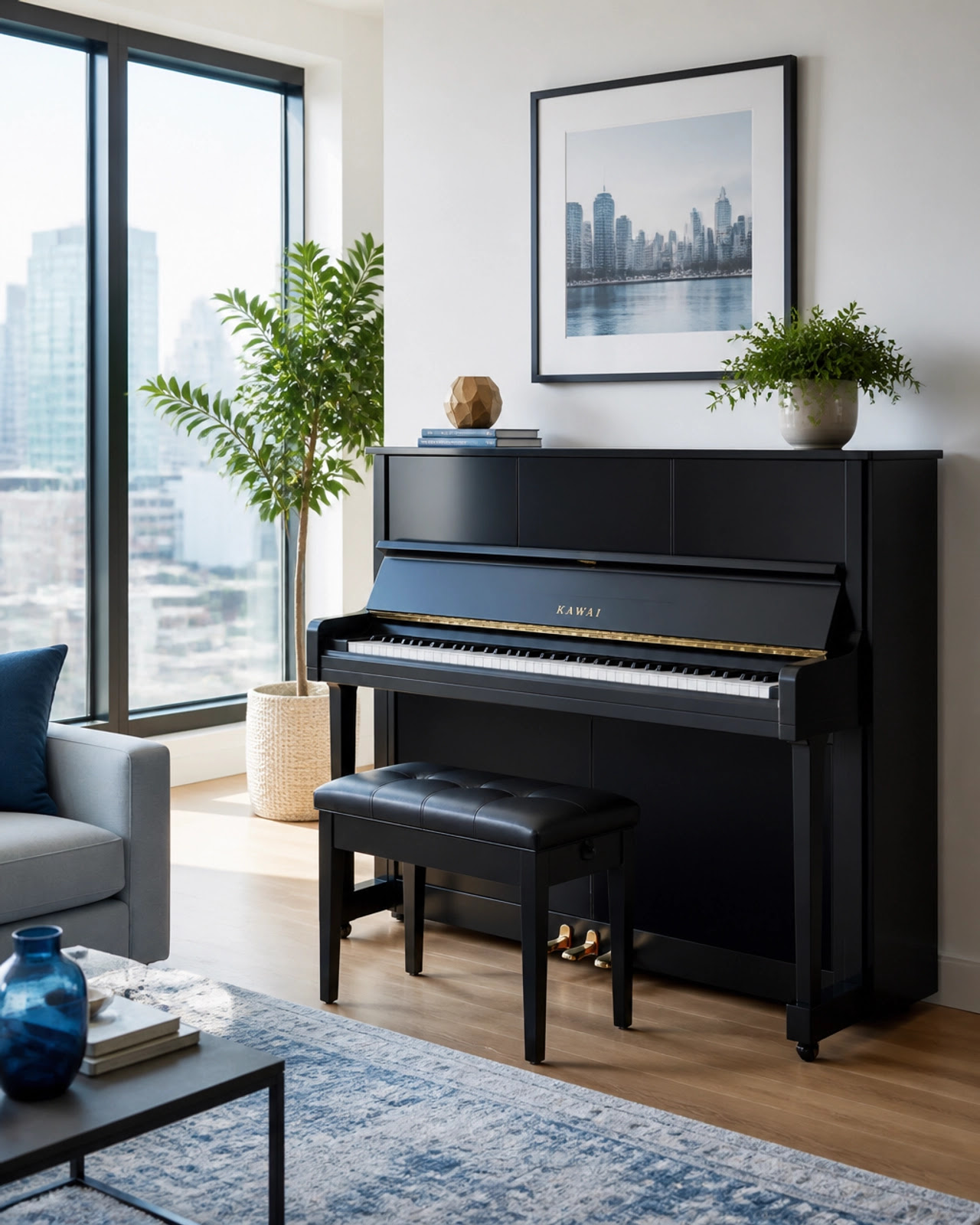 A stylish piano in a modern apartment, highlighting the convenience of in-home lessons A stylish piano in a modern apartment, highlighting the convenience of in-home lessons