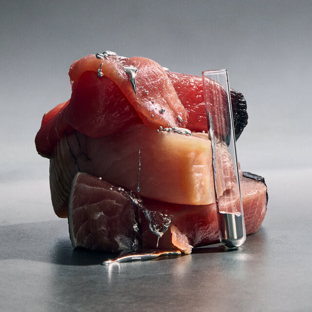 Cuts of raw tuna are stacked on top of one another. A test tube of mercury leans against the stack.