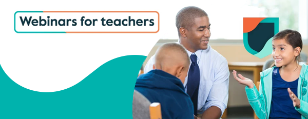 Webinars for Teachers logo and a picture of a teacher speaking with some school learners