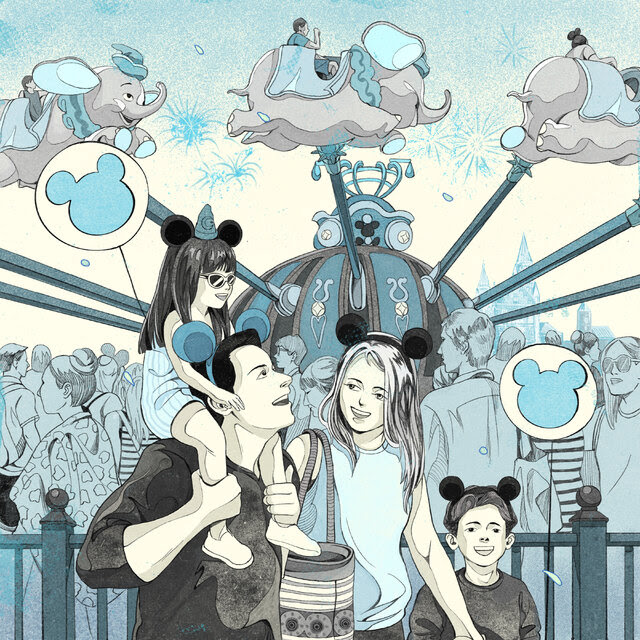 An illustration of a family with two kids at a Disney park. The parents and the two kids are all wearing Mickey Mouse ears, and they are all smiling. The daughter is wearing sunglasses and is riding on her dad’s shoulders. Behind them, there is a long line of people waiting to get on a ride that features flying elephants, and far in the background, you can see the towers of a Disney castle.