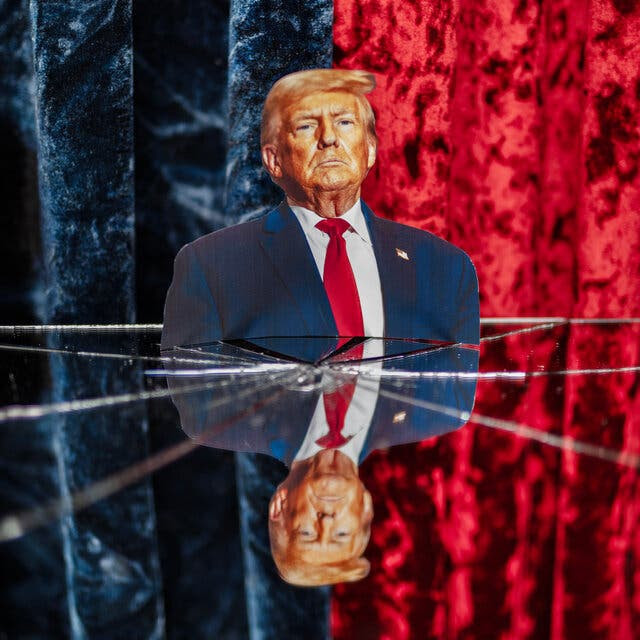 A photo illustration of Donald Trump. He and his reflection are seen on either side of a cracked, horizontal mirror.