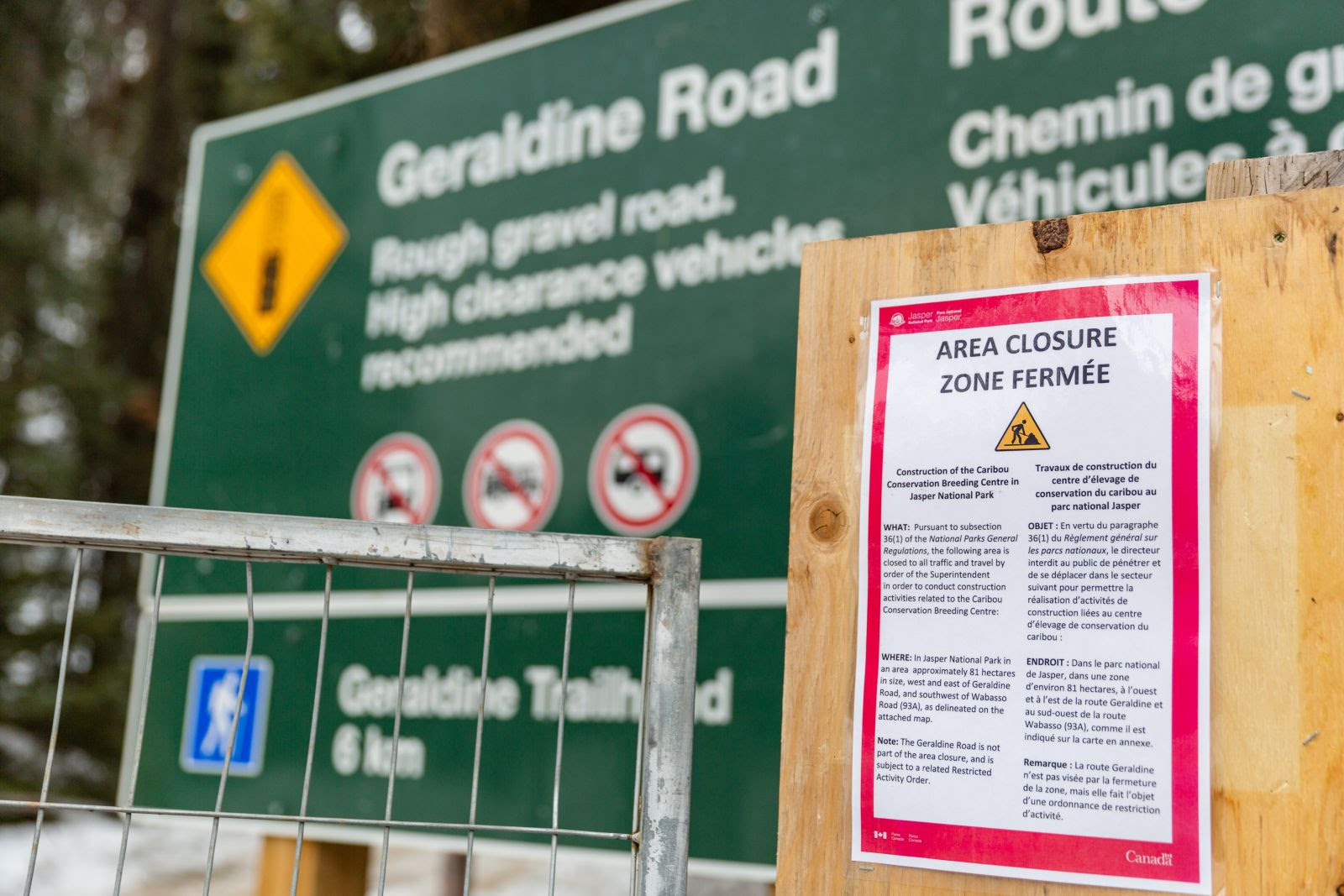 An image of a road sign for Geraldine Road in the background, with an area closure sign in the foreground.