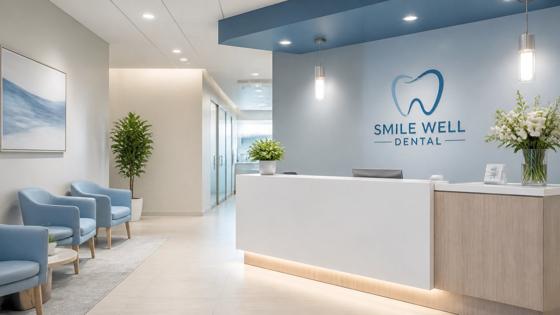 A modern, clean dental practice reception area with blue tones and a professional atmosphere A modern, clean dental practice reception area with blue tones and a professional atmosphere