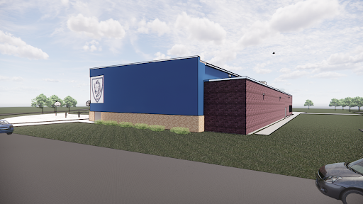 3D rendering of Global Village Academy's exterior with crest and parking