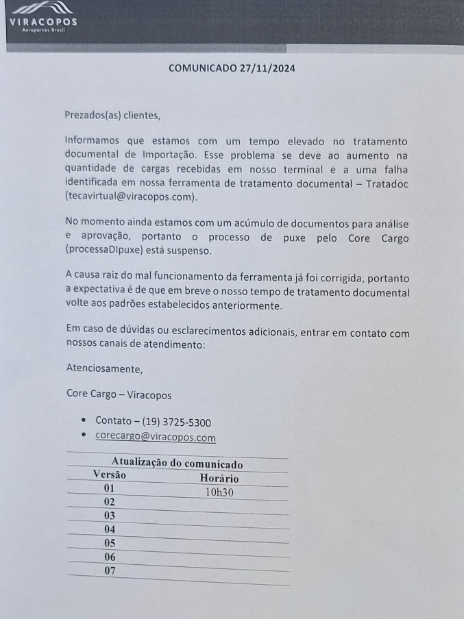 COMUNICADO ABV - Suspensão de puxe pelo Core Cargo