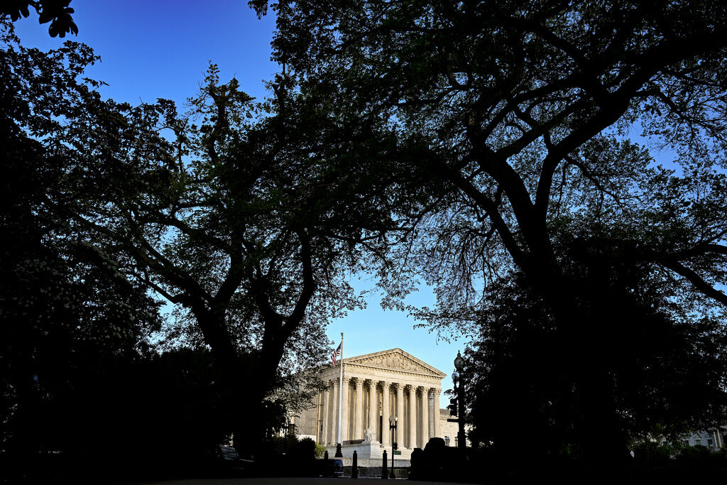 The U.S. Supreme Court seen in the background through tree branches.