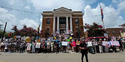 Crowd outside a building