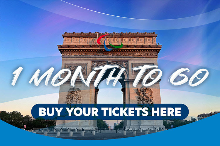 The Arc de Triomphe in Paris with the Paralympic symbol on it. The graphic features the following text: "1 Month to Go. Buy your tickets here."