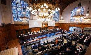 La sala de vistas de la Corte Internacional de Justicia al inicio de las audiencias sobre las obligaciones de los Estados respecto al cambio climático.