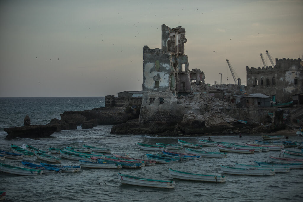 Destroyed buildings near a harbor in Mogadishu, Somalia.