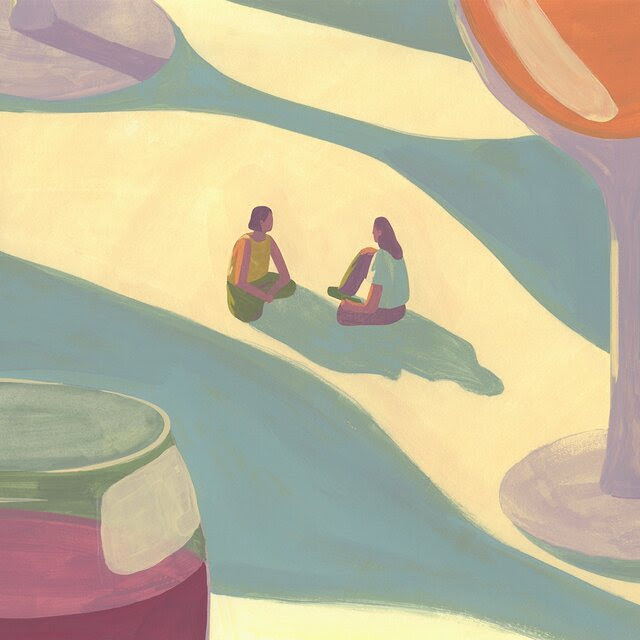 An illustration of two small figures seated on the ground in conversation. Large alcoholic drinks surround, casting shadows on the ground around them. 