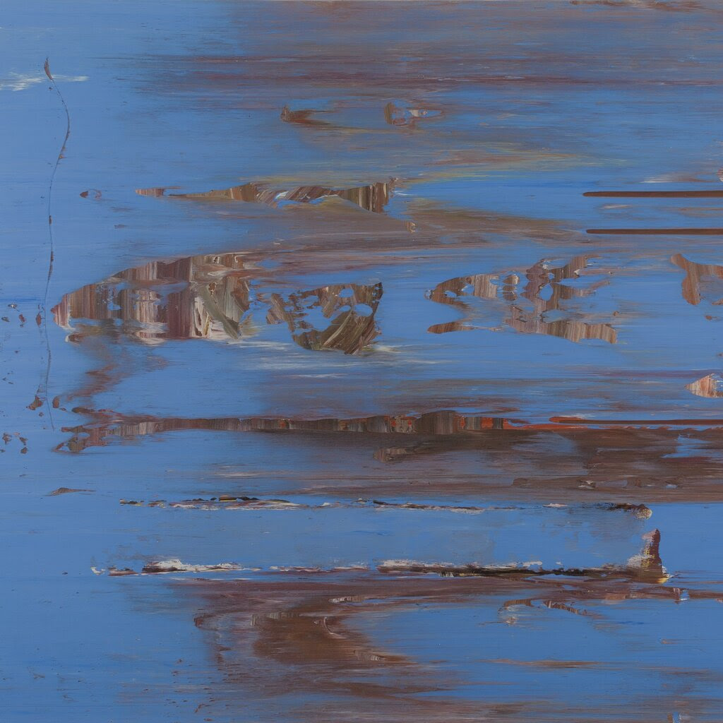 A blue abstract painting with brown horizontal streaks.