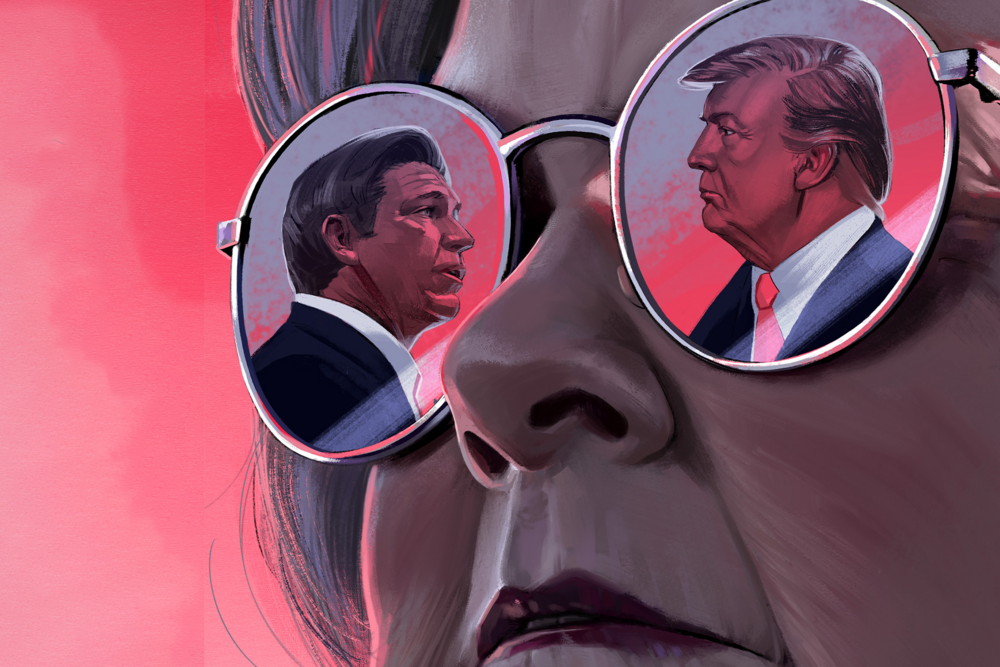 Illustration of Susie Wiles wearing sunglasses that contain vivid reflections of Ron DeSantis (left) and Donald Trump (right) with a dark pink sky in the background.