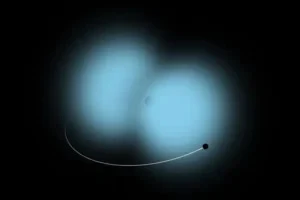 A gravitational atom. Just as electrons can orbit around the nucleus of an atom, a cloud of previously undiscovered ultralight particles can orbit around pairs of black holes.