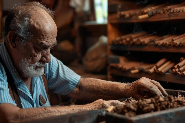 Elderly man crafts luxury Cuban cigars