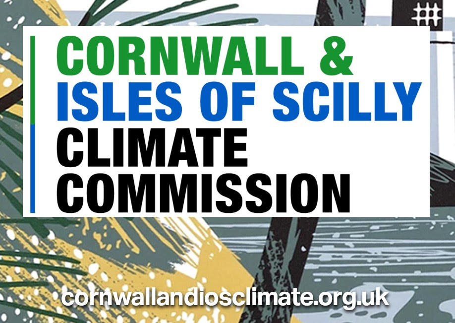 A graphic image of sand dunes and sea - reads Cornwall and isles of Scilly climate commission