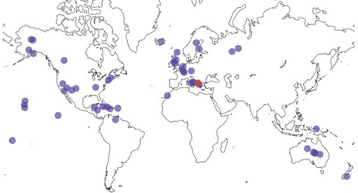 An image of a world map showing the responses of where many students live in the world based on where they dragged a movable point.