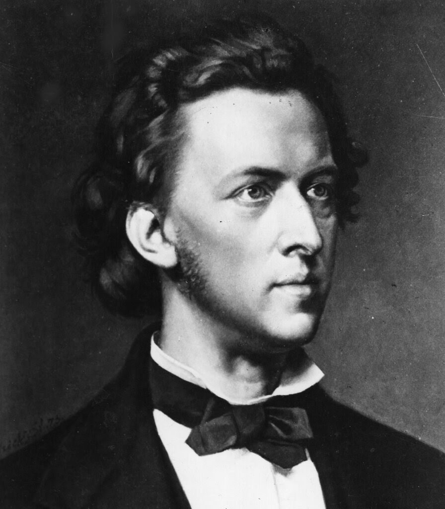 A black-and-white portrait photo of Chopin.