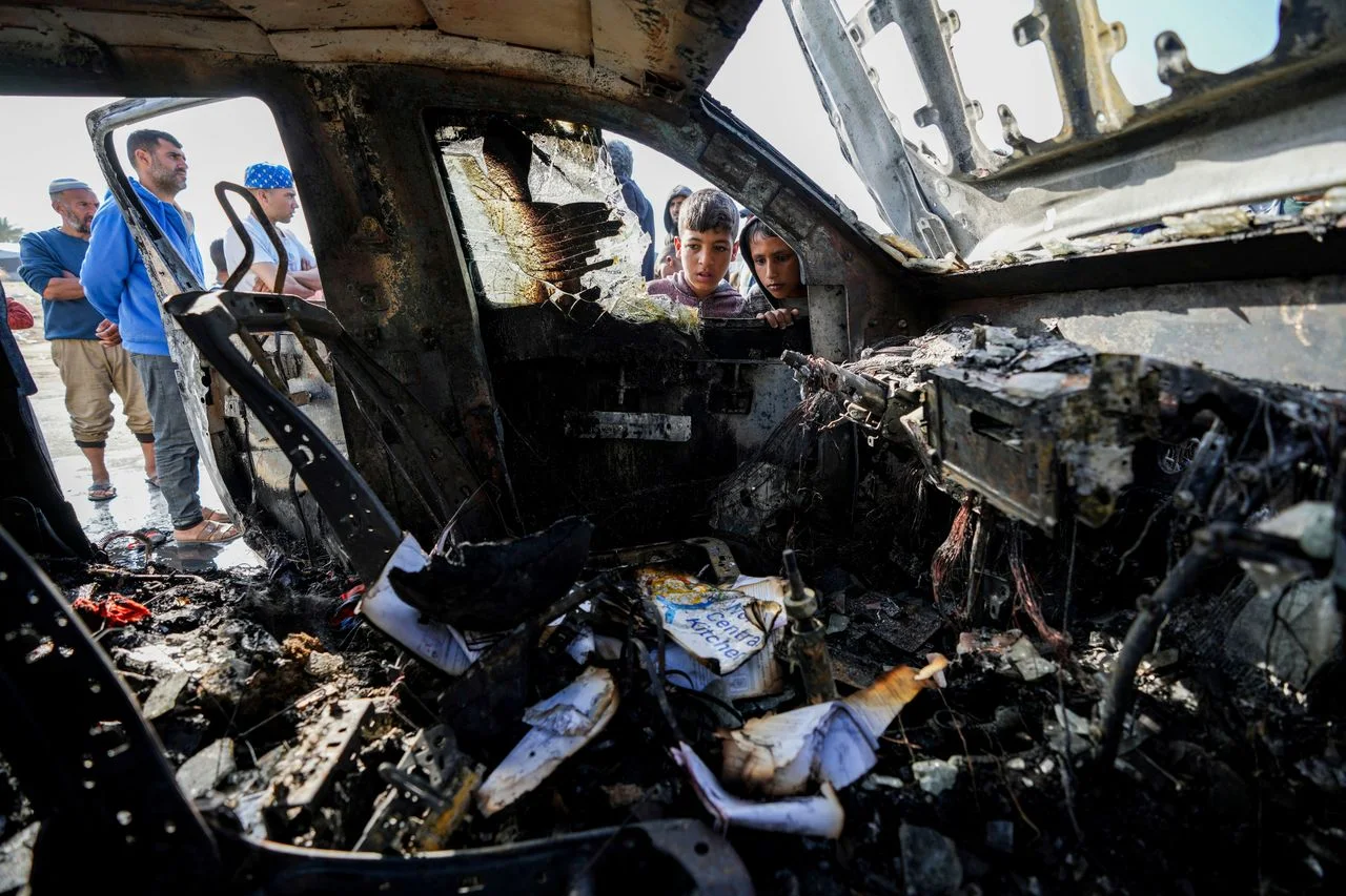 One of the cars used by World Central Kitchen workers that was hit by an Israeli strike in Deir al-Balah, Gaza, on Monday (Abdel Kareem Hana/AP)