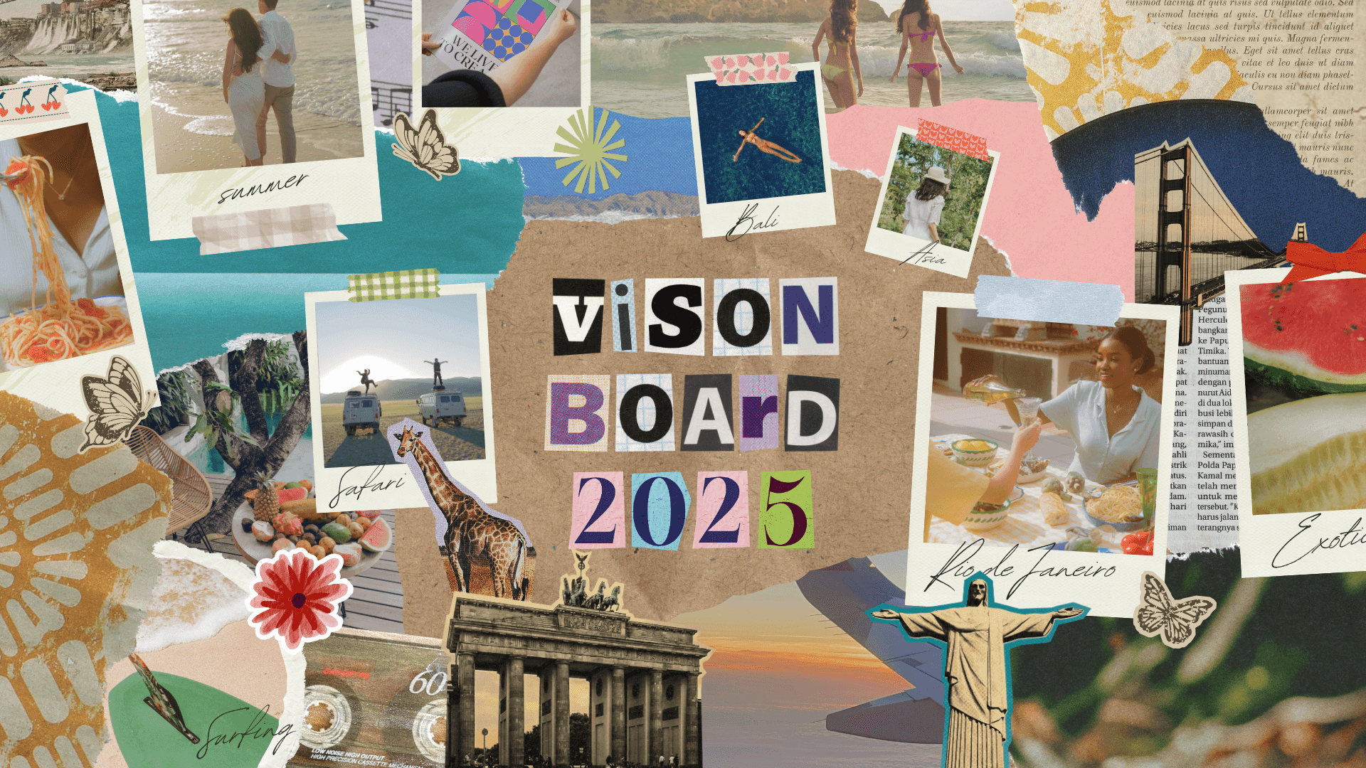 A colorful scrapbook-style vision board for 2025 with photos labeled "Safari," "Bali," and "Rio de Janeiro," alongside collaged stickers and scenic travel images.