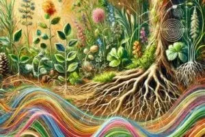 groovy illustration of tree roots and a rainbow wave