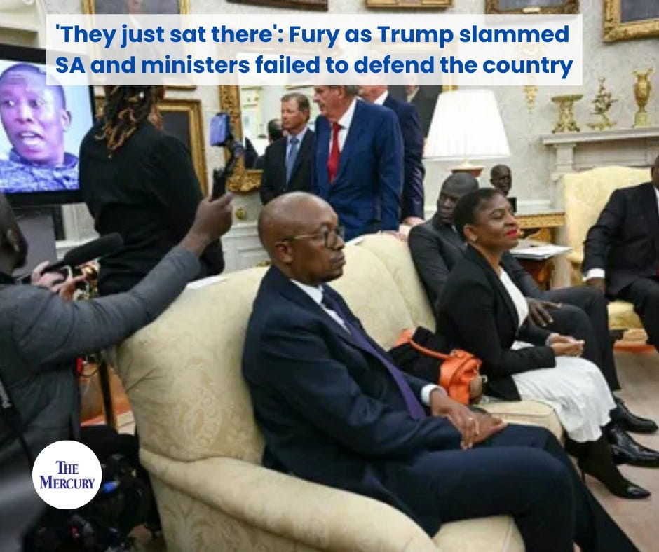 Potrebbe essere un'immagine di 6 persone, lo Studio Ovale e il testo che dice "'Se ne sono rimasti lì seduti: furia mentre Trump attaccava il Sudafrica e i ministri non riuscivano a difendere il Paese THE MERCURY"