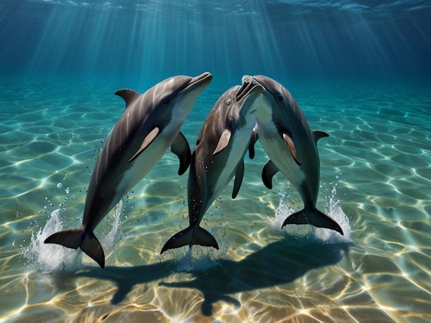 a group of dolphins swimming in the water with the words dolphins swimming in the water