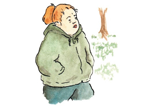 An illustration of a person bundled up in a zipped-up sweatshirt.