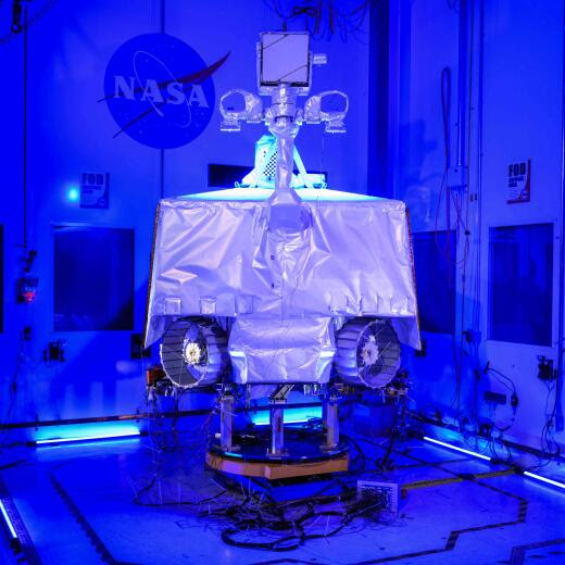 This undated handout picture from Nasa released on July 17, 2024 shows NASA’s VIPER – short for the Volatiles Investigating Polar Exploration Rover – assembled inside the cleanroom at the agency’s Johnson Space Center in Houston, Texas. NASA announced on July 17, 2024, that it is canceling a planned Moon rover after already spending $450 million on its development, due to cost overruns and delays in the launch schedule. The Volatiles Investigating Polar Exploration Rover (VIPER) was intended to explore the lunar south pole in search of ice and other resources, paving the way for planned crewed missions by American astronauts later this decade. (Photo by Handout / NASA / AFP) / RESTRICTED TO EDITORIAL USE - MANDATORY CREDIT "AFP PHOTO / NASA" - NO MARKETING NO ADVERTISING CAMPAIGNS - DISTRIBUTED AS A SERVICE TO CLIENTS