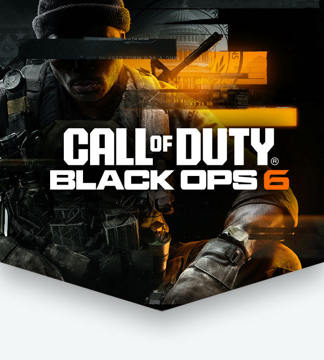 Call of Duty: Black Ops 6 key art featuring a soldier in tactical gear with a bar over their eyes with the White House in the background. Call of Duty: Black Ops 6 logo.