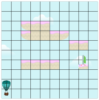 Screenshot of an example challenge thumbnail. There is a hot air balloon in the bottom left corner and there are several barriers between it and the goal flag on the right edge of the screen.