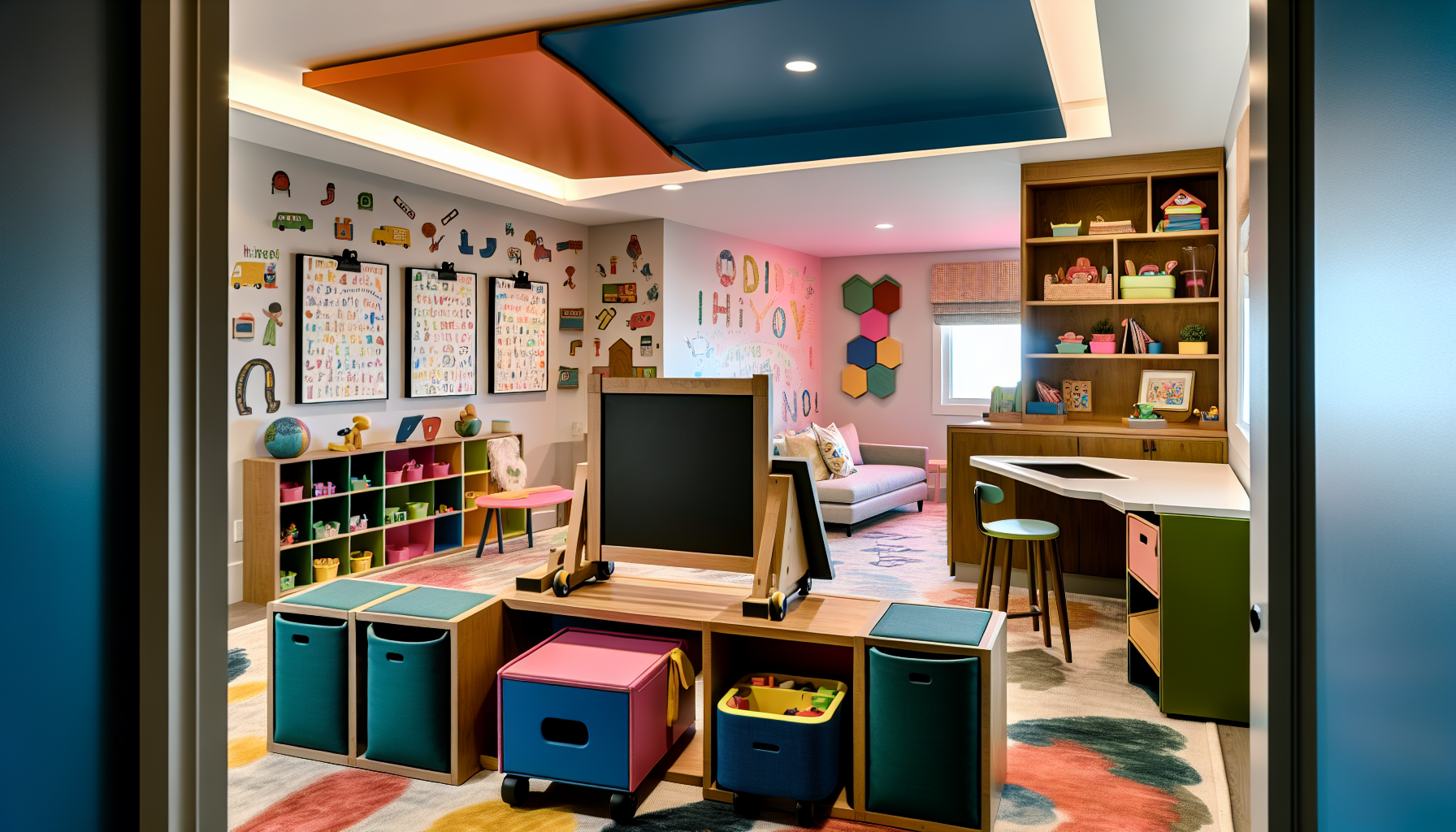 Multi-functional furniture for playroom organization