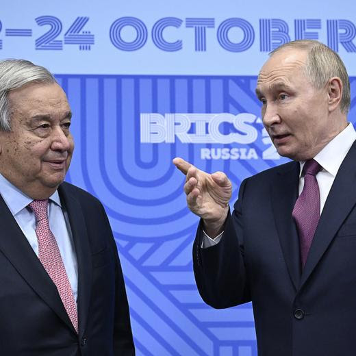 Russian President Vladimir Putin, right, greets United Nations (UN) Secretary General Antonio Guterres during their bilateral meeting on the sidelines of the BRICS summit in Kazan, Russia, Thursday, Oct. 24, 2024. (Alexander Nemenov, Pool Photo via AP)