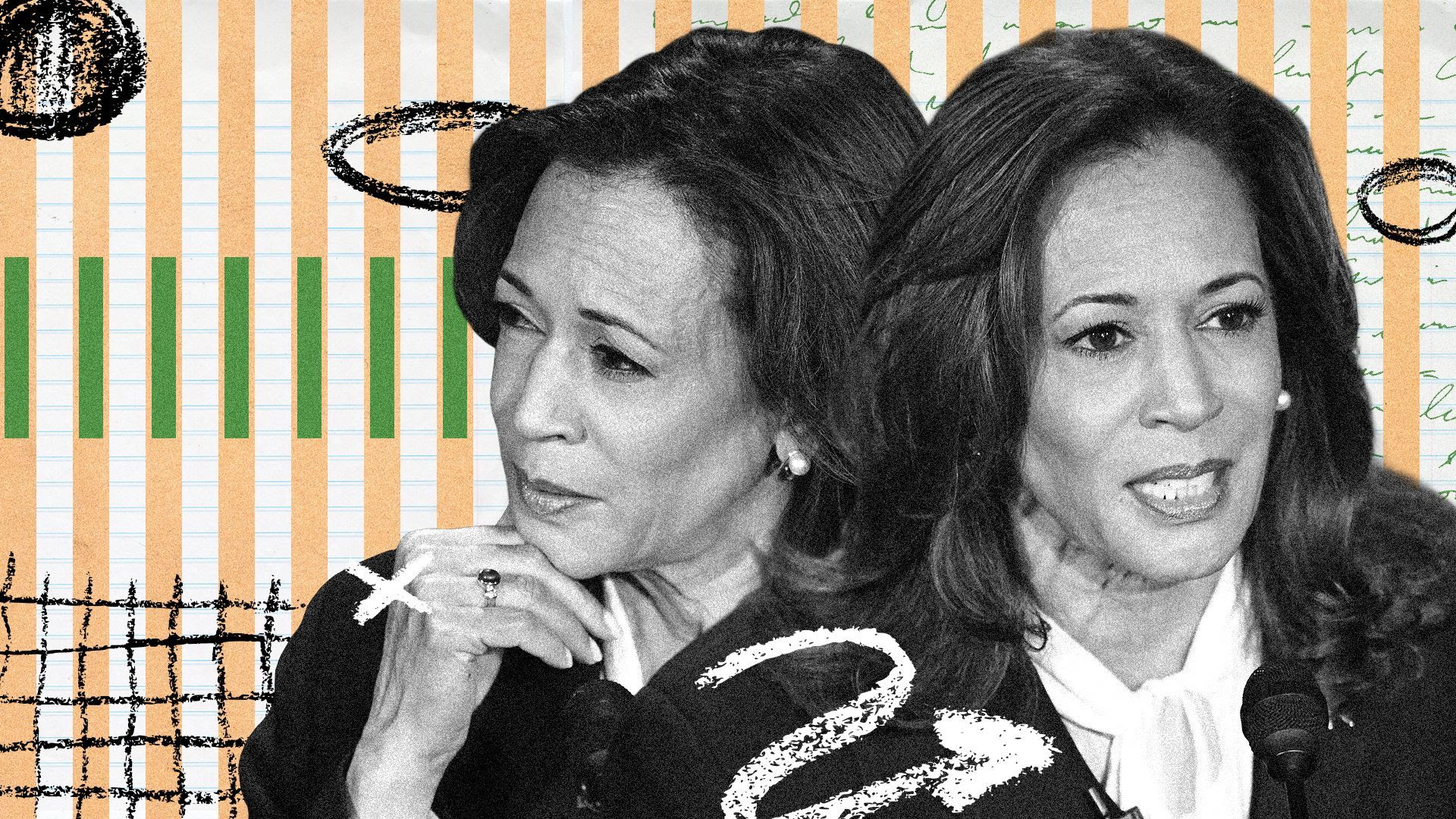 Photo illustration of dual photos of Kamala Harris with lined paper stripes, notes, arrow and circles in the background.