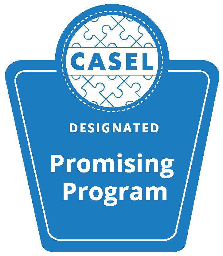 A blue badge image on a white background. The badge says "Casel designated Promising Program."