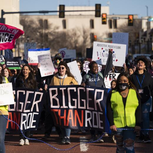 FILE - People march through downtown Amarillo to protest a lawsuit to ban the abortion drug mifepristone, Feb. 11, 2023, in Amarillo, Texas. The Supreme Court will again wade into the fractious issue of abortion when it hears arguments Tuesday, March 26, 2024, over mifepristone, a medication used in the most common way to end a pregnancy, for a case with profound implications for millions of women no matter where they live in America and, perhaps, the race for the White House. (AP Photo/Justin Rex, File)