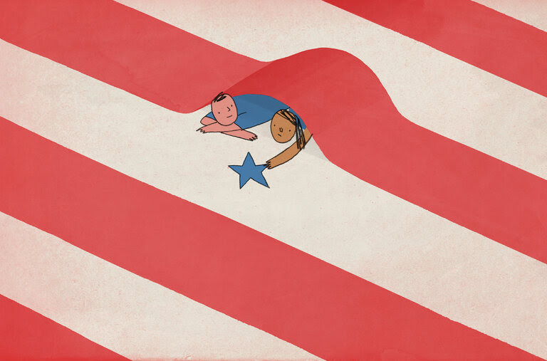 An illustration of a man and woman huddled beneath a red stripe on a US flag, with the woman reaching out for a blue star.