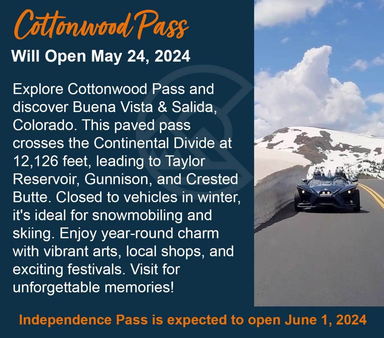 Cottonwood Pass will open May 24, 2024