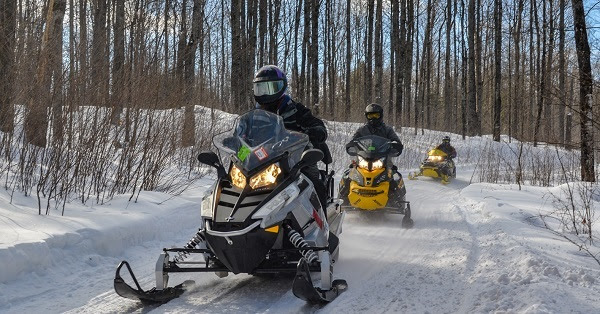 three snowmobilers ride single file on a curved, snow-covered trail in the forest. Blue sky filters through tall, thin trees behind them.